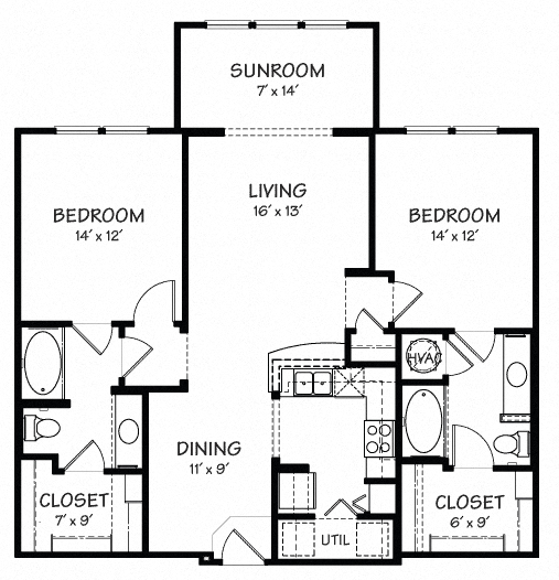 Floor plan for 2 beds, 2 baths, 1171 sqft